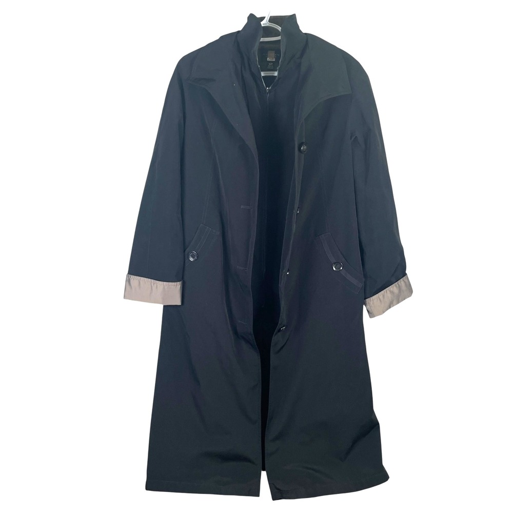 Vintage Gallery‎ Petite Trench Coat Womens Medium Petite PM Black Buttons Long